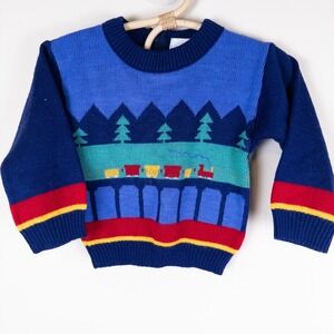 Vintage 90s Baby Togs‎ Train Knit Sweater Kids 18M Blue Red Landscape